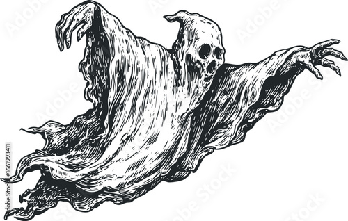 Scary skeleton ghost with tattered robe in mid-air