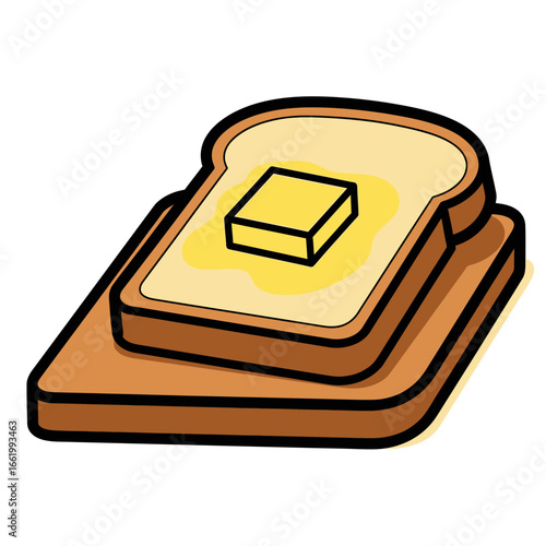 A slice of toasted bread with a pat of butter melting on top, served on a wooden board.