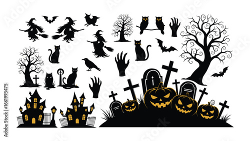 Enchanting Halloween Silhouette Set: A collection of classic Halloween silhouettes, featuring a witch, a cat, pumpkins, tombstones, trees, bats and owls, evoking the spirit of All Hallows' Eve. 