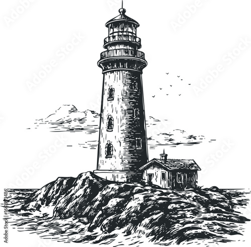 Pencil Sketch of a Tall Lighthouse Structure on Rocky Shoreline with Rough Seas