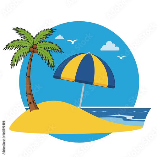 Tropical island scene with palm tree, umbrella, and ocean view.