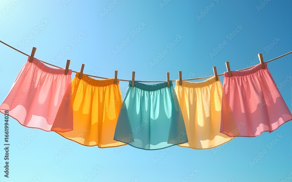 Colorful skirts drying on clothesline under blue sky, summer fashion concept, breezy clothing, fresh laundry, light fabric, pastel tones, feminine casual wear, warm weather outfit. High quality Colorful skirts drying on clothesline under blue sky, summer fashion concept, breezy clothing, fresh laundry, light fabric, pastel tones, feminine casual wear, warm weather outfit. High quality