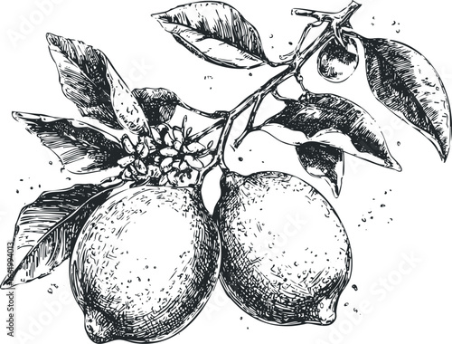 Hand Drawn Sketch of Two Ripe Lemons on a Branch with Leaves and Blossoms