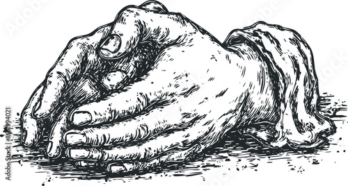 Detailed sketch of clasped hands in a contemplative pose