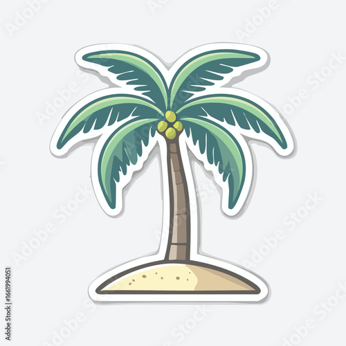 A vibrant cartoon illustration of a palm tree on a sandy beach, perfect for summer.