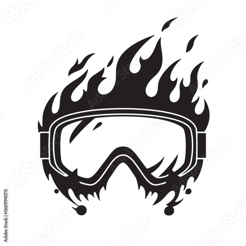 Black and white illustration of ski goggles enveloped in flames on a white background