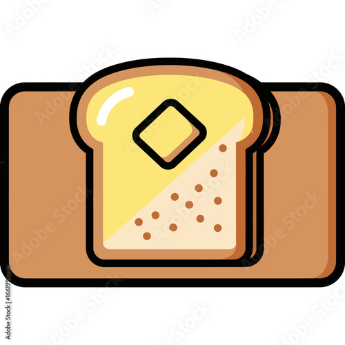 Cartoon illustration of a slice of toast with butter on a wooden board.
