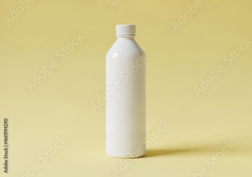 Empty white bottle against a pastel yellow backdrop showcasing a simple minimalist design for product photography
