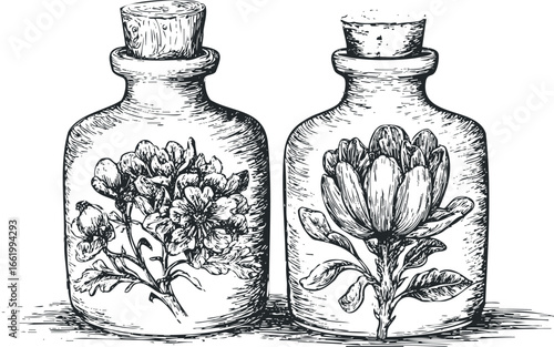 Two glass bottles with cork stoppers containing detailed drawings of botanical specimens