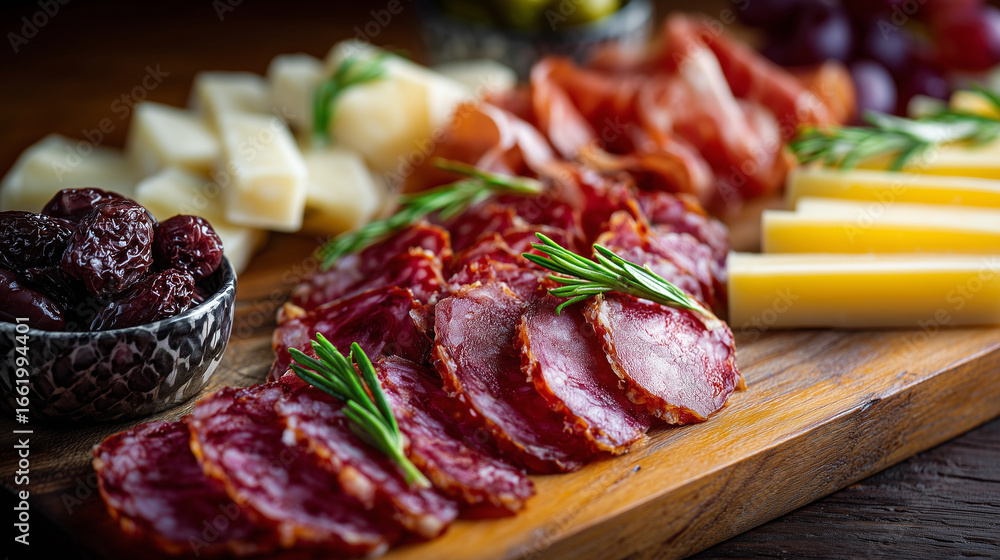 Charcuterie board close-up on cured meats and cheese textures Charcuterie board close-up on cured meats and cheese textures