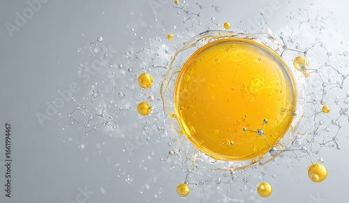 Fototapeta Naklejka Na Ścianę i Meble -  A vibrant, golden liquid in a circular form, surrounded by a splash of clear liquid and metallic-grey molecular structures against a light-grey backdrop