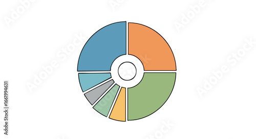 Colorful doughnut chart with distinct segments representing data distribution and proportions for business or statistical presentations and analysis