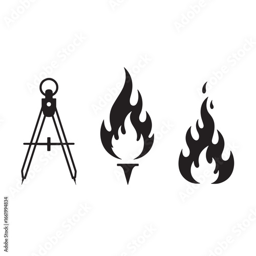 Black and white vector illustration of a compass and flames icons isolated on a white background