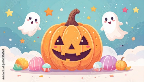 Cute Halloween pumpkin flat vector illustration with smiling face, candy, stars, and bats. Adorable kawaii style design perfect for festive decoration, poster, card, and pattern.