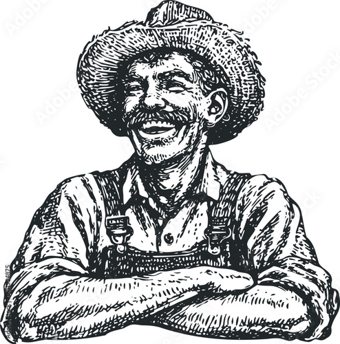 Farmer with straw hat and overalls laughing with crossed arms