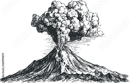 Volcanic eruption with plume of smoke and ash spewing from mountain peak