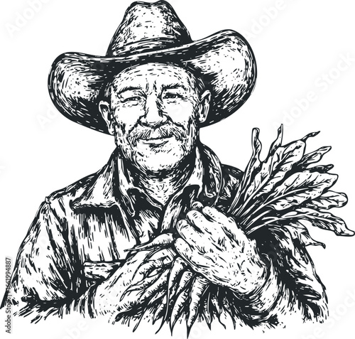 Elderly farmer in cowboy hat holding fresh produce