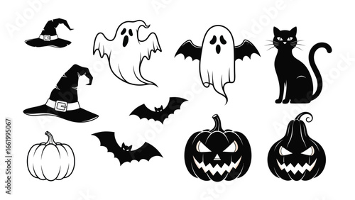 Spooky Halloween Elements Illustration: An collection of black silhouette elements perfect for creating your own spooky holiday designs.  It's the perfect visual for invitations, decorations.