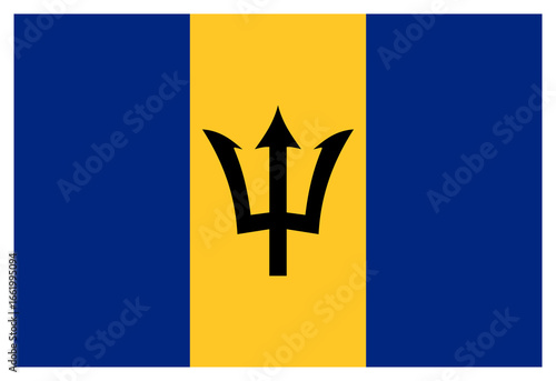 Transparent PNG file of vector graphic of the Barbados flag. Comprised of three vertical blue and yellow stripes overlaid by a trident