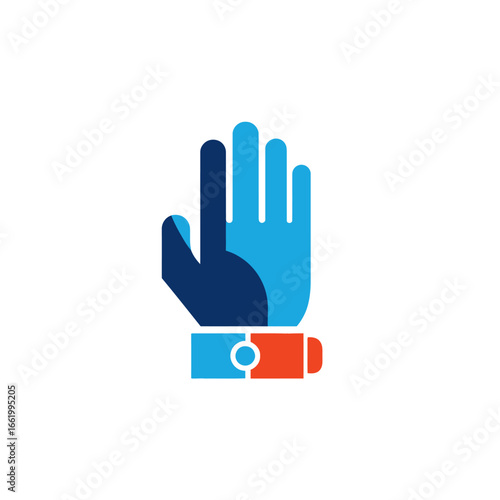 Stylized hand with a sleeve, in shades of blue and orange, signaling to stop.
