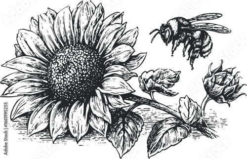 Detailed linocut style drawing of a bee hovering near a large sunflower and unopened buds