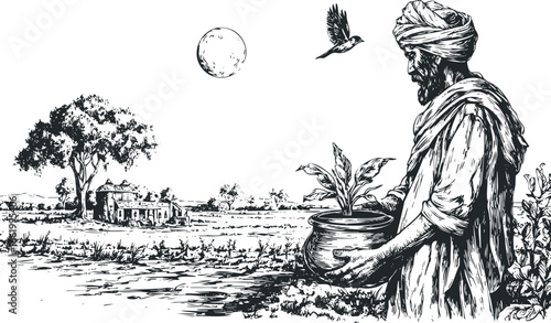 Elderly man with turban holding potted plant in rural landscape with distant building and bird