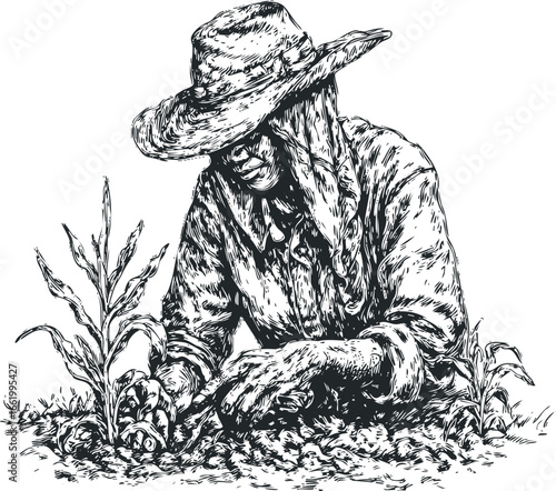 Farmer tending to crops in a field with linocut style