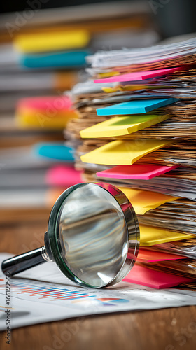 Magnifying Glass on Stack of Documents with Colorful Sticky Notes and Financial Charts papers files