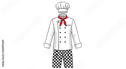 Detailed illustration of a classic chef uniform with hat jacket pants and neckerchief conveying professional culinary appearance precisely