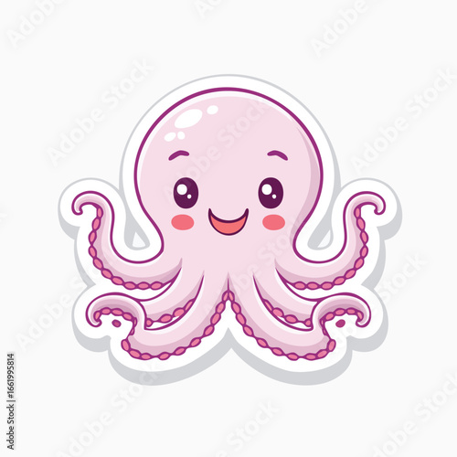 A cheerful pink cartoon octopus, designed as a cute vector sticker with a white outline, is smiling happily while isolated on a clean background.
