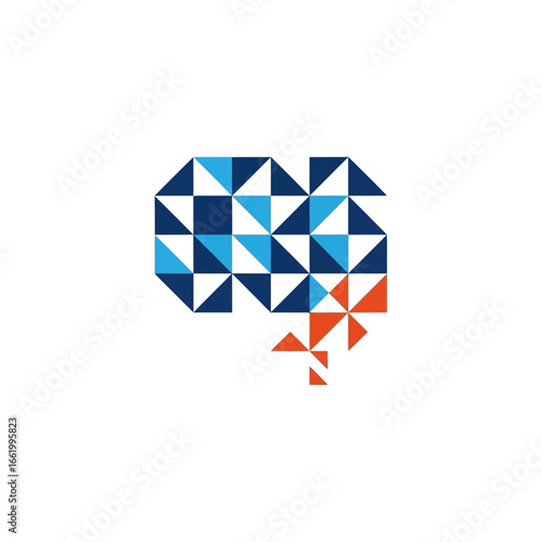 Abstract brain illustration made of blue and orange triangles on a white background.
