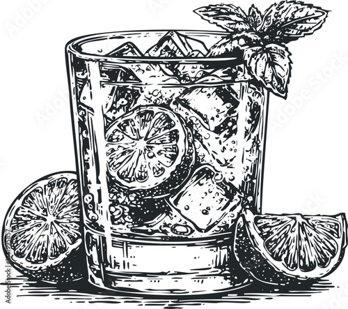 Detailed illustration of a refreshing beverage with citrus and mint