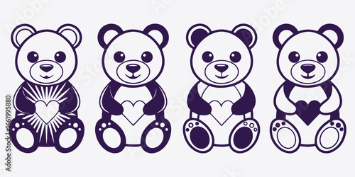 Four adorable cartoon panda bears sitting together