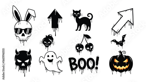 Spooky Season's Icons: A collection of haunting Halloween elements including skull, cat, pumpkin, boo, and ghost icons in a unique and eerie style.