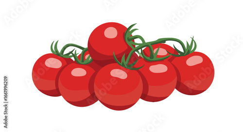 Digital illustration capturing vibrant, clustered red tomatoes with verdant green stems against a clean white backdrop displaying freshness and