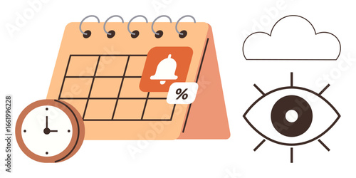 Desk calendar with notification badge, percentage symbol, clock, eye, and cloud. Ideal for scheduling, deadlines, productivity event planning alert systems tracking mindfulness. Simple flat