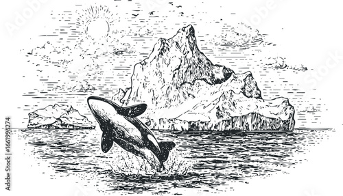 Orca whale breaching near large icebergs under a sunny sky with birds overhead