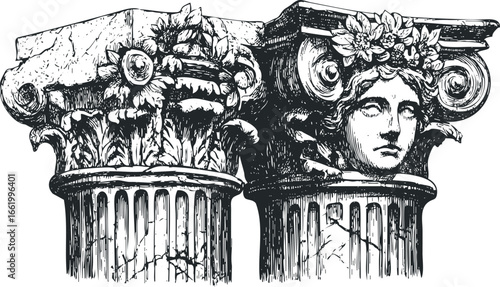 Classical architectural element with carved feminine face and floral ornamentation
