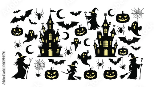 Silhouette Halloween Scene: A spooky and artistic composition featuring silhouettes of classic Halloween icons, crafting a visually captivating and festive atmosphere for holiday celebrations.