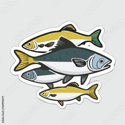 A vibrant cartoon sticker illustration of four stylized fish grouped closely together, featuring thick black outlines in bright gold and blue colors, isolated on a neutral background.