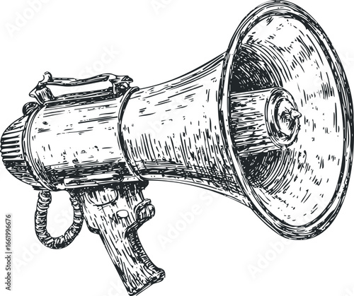 Hand drawn sketch of a vintage bullhorn on white background