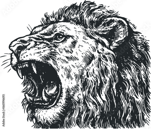 Ferocious Lion Head With Open Mouth Roaring in Black and White Style