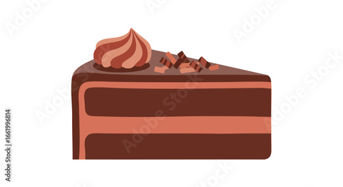 Delectable chocolate cake slice with cream swirl and chocolate chips evoking culinary indulgence and sweet temptation for dessert lovers