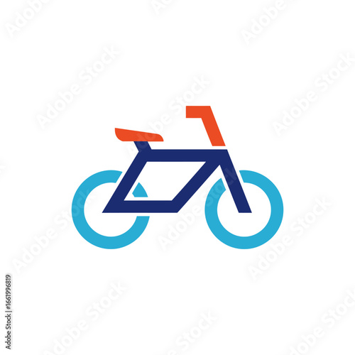 Stylized bicycle icon with blue frame and wheels, orange seat and handlebars.