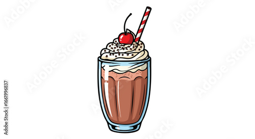 Classic cartoon style chocolate milkshake with whipped cream and cherry garnish served with a striped straw illustration for menu