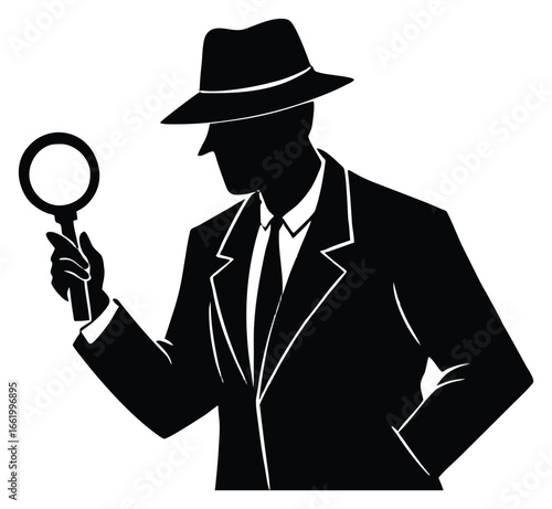 Detective Silhouette with Magnifying Glass in Suit and Fedora Searching for Clues