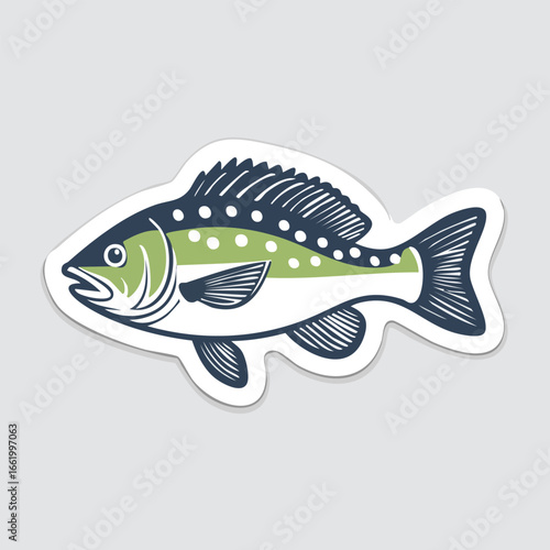A detailed retro vector illustration of a spotted sport fish swimming, featuring fresh green and dark blue colors and presented as a die-cut sticker isolated digitally.