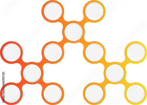 Cluster of circles arranged in a balanced formation connected by gradient outlines forming a modular geometric pattern.