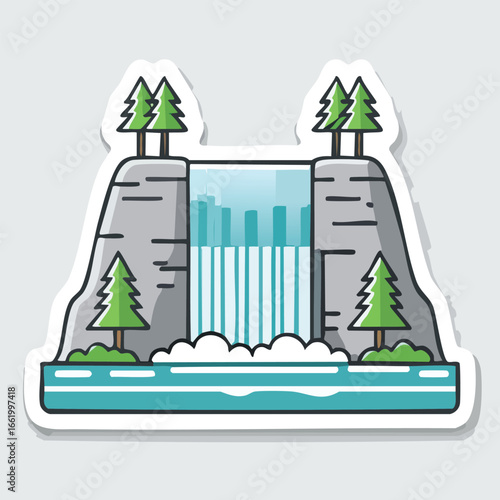 Illustration of a dam with water flowing over a cliff, trees on top, and a river below.