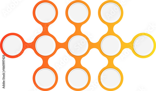 Circles arranged in a modular grid formation with gradient outlines forming a structured geometric layout.